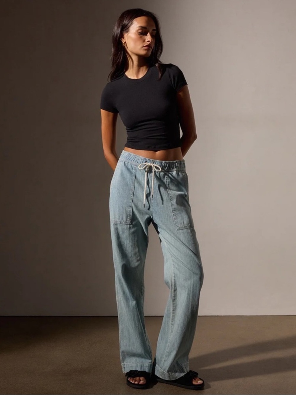 James Perse Wide Leg Pull On Denim Pants Drawstring Size 3 Large